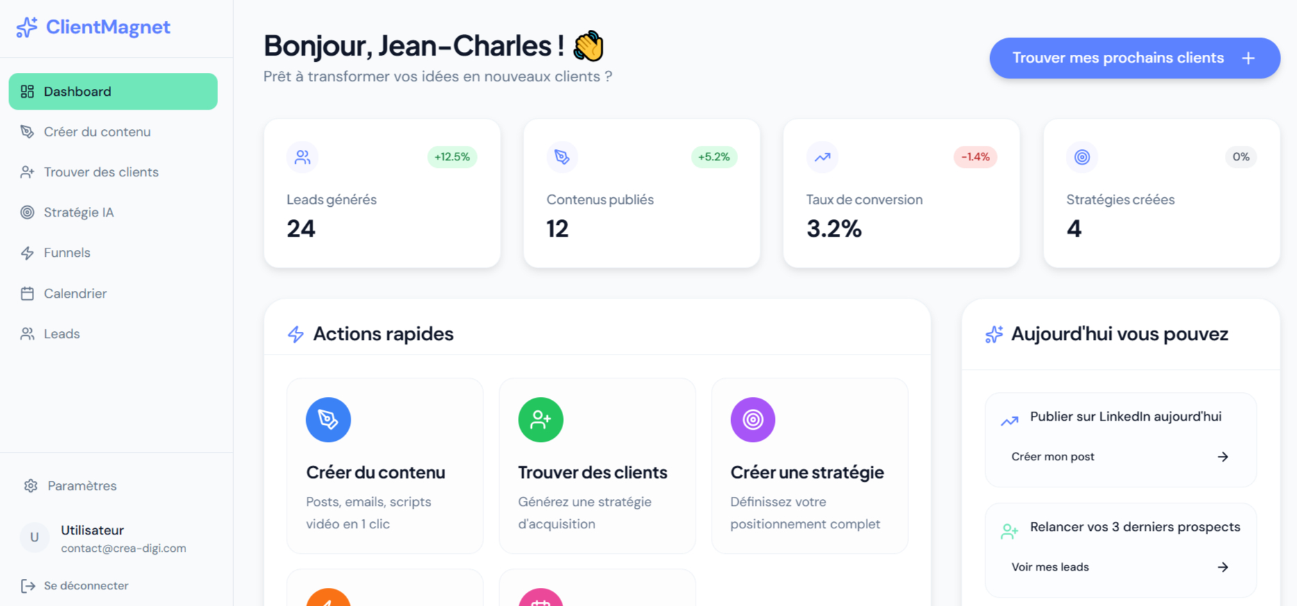 Capture du tableau de bord ClientMagnet